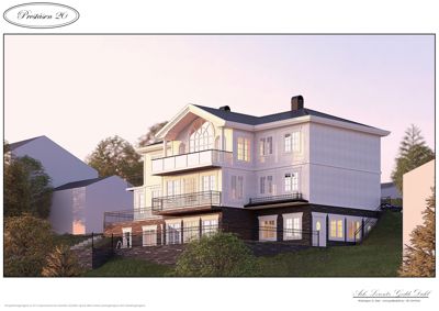 3D-visualisering av en planlagt villa i et landskap