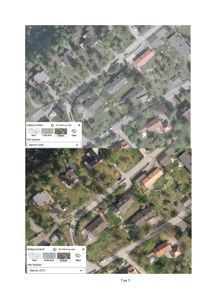 Bildet viser to flyfotoer (satellittbilder) av en boligstrøk tatt i 2008 og 2013, med overlagte kartdata og tekstmerking av eiendommer.