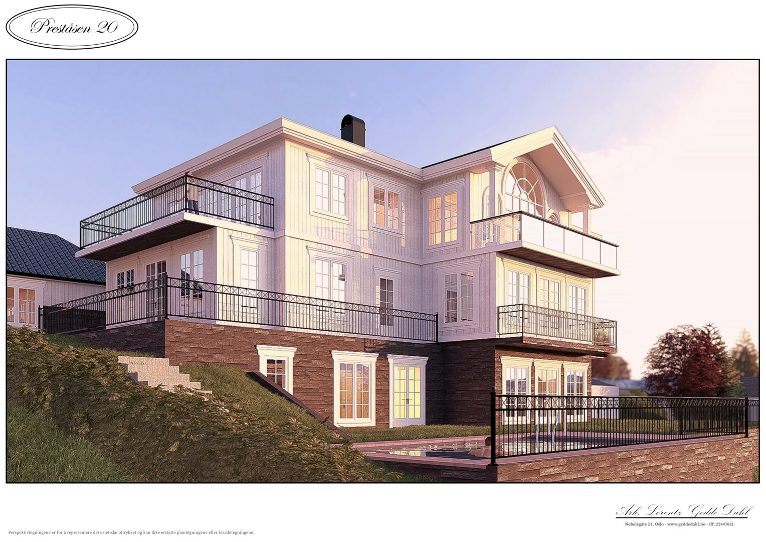 3D-visualisering av en villa med navn 'Preståsen 20', som viser fasade, balkonger og omgivelser.