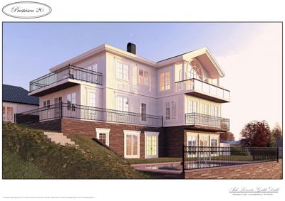 3D-visualisering av en villa med navn 'Preståsen 20', som viser fasade, balkonger og omgivelser.