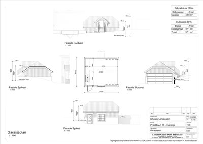 Fasadeoppriks (Nordvest, Sydvest, Nordøst, Sydøst) for en garasje med mål og detaljer.