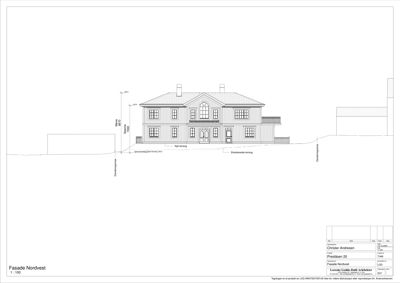 Fasadetegning (Nordvest) av en bygning med oppgitt høyder og terrasselinjer.
