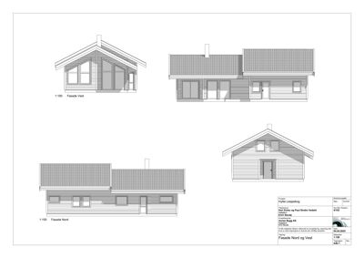 Fasadetegning som viser bygningens utseende fra flere vinkler (Nord, Vest og en kombinasjon av Nord og Vest).