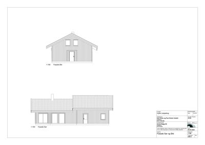 Fasadetegning som viser bygningens utseende sett fra sør og øst