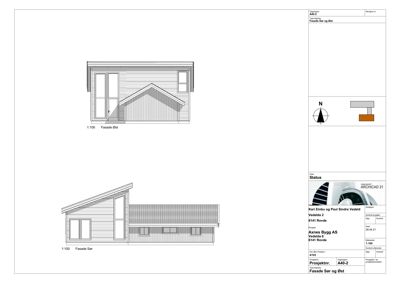 Tegning som viser fasadeopprikk for bygningen sett fra sør og øst.