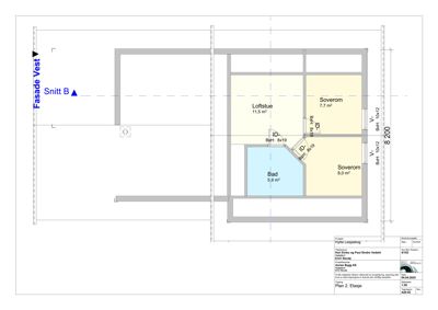 Etasjeplan (Plan 2) som viser romfordeling, arealer og veggposisjon for en hytte.