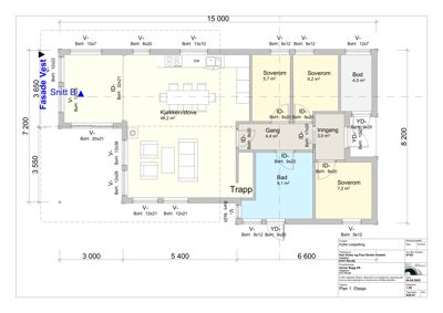Etasjeplan (1. etasje) som viser romfordeling, dimensjoner og plassering av vegg og dører.