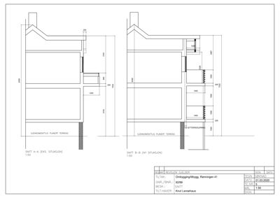 Snittegning (Snitt A-A og B-B) som viser tverrsnittet av en bygning med mål og konstruksjonsdetaljer.