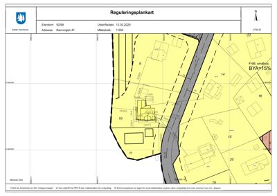 Reguleringsplankart som viser eiendomsnummer, adresse, målestokk, nabolag og arealbruk.