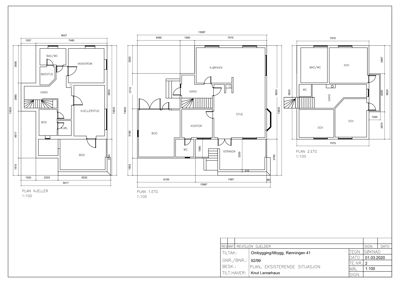 Plantegning som viser romfordeling og dimensjoner for kjeller, 1. etasje og 2. etasje.
