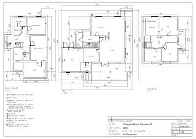 Plantegning som viser romfordeling og dimensjoner for kjeller, 1. etasje og 2. etasje.