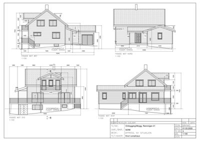 Bildet viser fire fasadetegninger (mot øst, nord, syd og vest) for en bygning, med mål og detaljer om tak og vinduer.