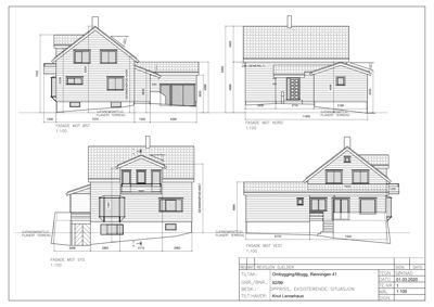 Fasadetegning som viser bygningens utseende fra fire sider (øst, nord, vest og syd) med mål og detaljer.