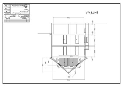 Snittegning (SNITT AA) som viser tverrsnittet av en bygning med mål og konstruksjonsdetaljer.