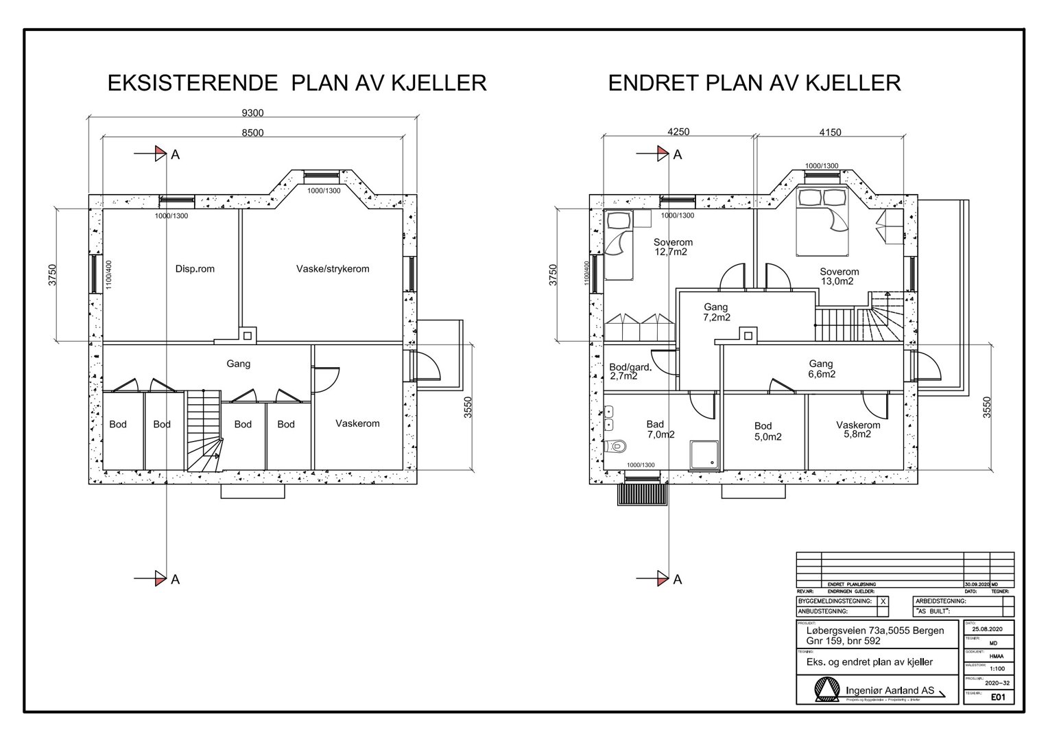 Plantegning som viser eksisterende og endret plan for kjelleretasje, inkludert romfordeling, dimensjoner og areal.