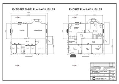 Plantegning som viser eksisterende og endret plan for kjelleretasje, inkludert romfordeling, dimensjoner og areal.