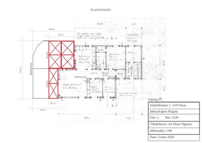 Etasjeplan (plantegning) som viser romfordeling, mål og plassering av en planlagt pergola.