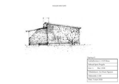 Fasadetegning (oppriss) av en bygning sett fra øst, med detaljer om veggmateriale og takform.