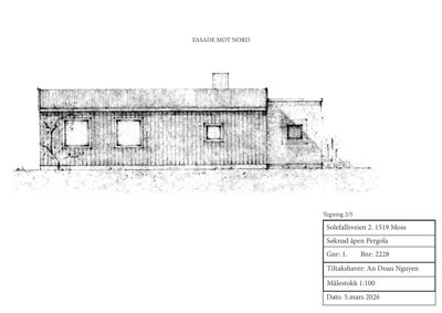 Fasadetegning (opprikk) av en bygning sett fra nord.