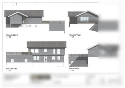 Fasadetegning som viser bygningens utseende fra fire sider: Nord, Sør, Vest og Øst.