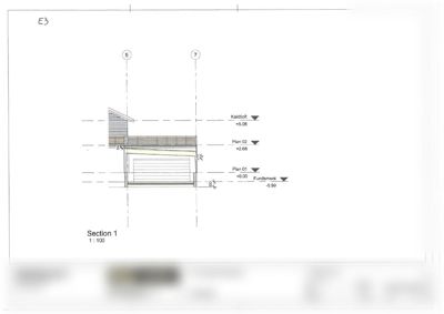 Snittegning (Section 1) av en garasje for Tor Inge Hansen, som viser høydemål og konstruksjon.