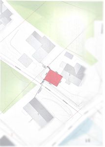 Situasjonsplan som viser tomtens plassering i forhold til nabolaget, veier (Tyrstøveien, Fjellveien) og andre bygninger. Tomten er markert med rødt.