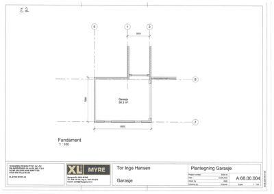 Fundamentplan for en garasje med dimensjoner og konstruksjonsdetaljer.
