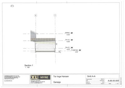 Snittegning (Section 1) av en garasje for Tor Inge Hansen, som viser høydemål og konstruksjon.