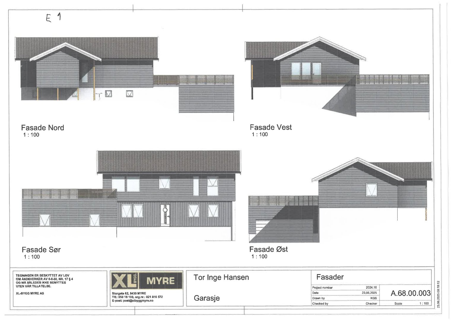 Fasadetegning som viser bygningens utseende fra fire sider: Nord, Sør, Vest og Øst.