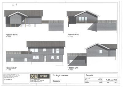 Fasadetegning som viser bygningens utseende fra fire sider: Nord, Sør, Vest og Øst.