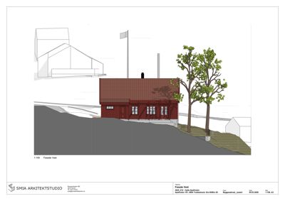 Fasadetegning (opprikk) av en rød hytte sett fra vest, med skisse over og detaljer om terreng.
