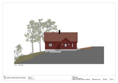 Fasadetegning (opprikk) av en rød hytte sett fra øst, med visuell fremstilling av terreng og trær.