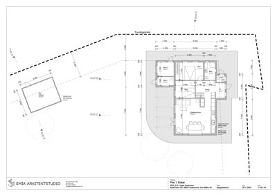 Etasjeplan (Plan 1. Etasje) som viser romfordeling, dimensjoner og plassering av enebolig.