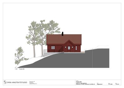 Fasadetegning (opprikk) av en hytte sett fra øst, med visuell fremstilling av fasadefarge, takform og terrengforhold.