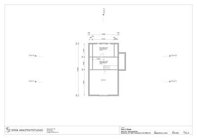 Etasjeplan (Plan 2. Etasje) som viser romfordeling, mål og snittlinjer for en leilighet.