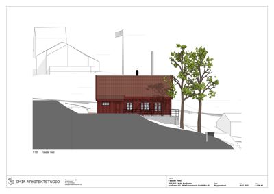 Fasadetegning (opprikk) av en bygning sett fra vest, med omgivelsene inkludert.