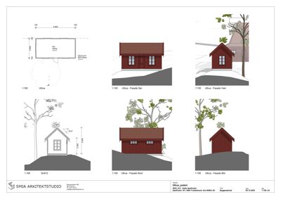 Bildet viser en samling fasadetegninger (opprikk) for et lite hus, inkludert utsnitt fra fire sider (Sør, Vest, Nord, Øst) og et snitt (Snitt D). Tegningene illustrerer hvordan bygningen ser ut utenfra.
