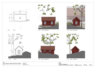 Bildet viser en samling fasadetegninger (opprikk) av et utehus sett fra ulike vinkler (Sør, Vest, Nord, Øst), samt et snitt og en situasjonsvisning.
