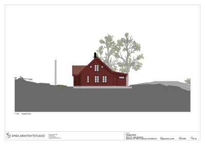 Fasadetegning (opprikk) av en bygning sett fra nord, med visuell fremstilling av fasadefarge, vinduer, takform og terrengforhold.