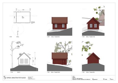 Bildet viser en samling fasadetegninger (opprikk) for en hytte, inkludert utsnitt og perspektivtegninger av fasadene.
