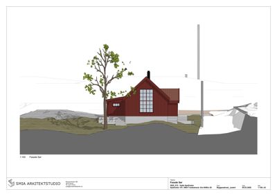 Fasadetegning (opprikk) av en rød hytte med omgivende terreng og vegetasjon.