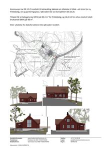 Bildet viser en fasadetegning med tre utsnitt av en planlagt bygning (fritidsbolig) sett fra ulike vinkler, inkludert etasjeplaner og situasjonsplan.