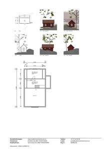 Bildet viser en tegning med etasjeplan (romfordeling) for en bygning, samt flere fasadeoppsett og situasjonsvisninger.