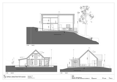 Bildet viser tre snittegninger (Snitt A, B og C) av en bygning med mål, terrengforhold og detaljer om konstruksjonen.
