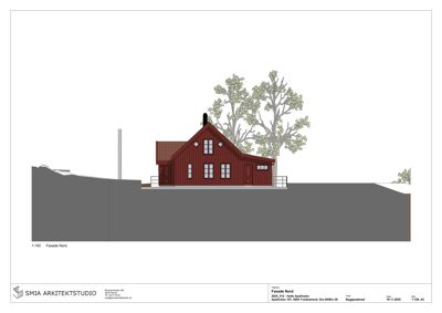 Fasadetegning (opprikk) av en bygning sett fra nord.