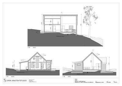 Tegning som viser tverrsnitt gjennom en hytte (Snitt A, B og C) med mål på høyder og innredning.