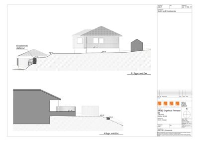 Snittegning av to bygninger (A Bygn. og B Bygn.) med høydeforskjeller og eksisterende støttemur.