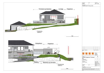 Fasadetegning som viser bygningens utseende og terrengforhold sett fra sør og vest, inkludert terrasser, støttemurer og hagestue.