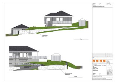 Fasadetegning som viser bygningens utseende og terrengforhold sett fra sør og vest.