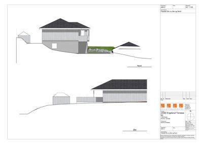 Fasadetegning som viser bygningens utseende sett fra nord og øst, inkludert terrengforhold.
